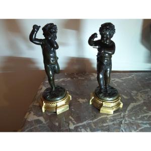 Pair Of Bronze Putti On Gilded Base In Louis XVI Style